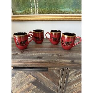Homestudio "woodland" Red Stoneware Coffee Mugs Featuring Bear With Tree